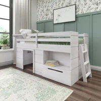 Loft Bed Twin Size, Solid Wood Low Loft Bed with Storage Drawer and Ladder, Modern Farmhouse Loft Bed for Kids, White Wash