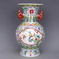 Bird Flowers Ceramic Vase with Handle Pedestal Chinese Famille Vase Amphora Oriental Vase for Flowers Decoration Unique Vases