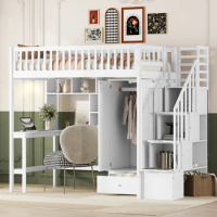 Twin size Loft Bed,Children's bed w/ Bookshelf,Drawers,Desk &amp; Wardrobe,Unique Design Bed w/ sturdy pinewood frame,for bedroom