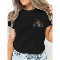 2024 New He Is Risen Letter And Easter Egg Pattern Printed T-shirt Summer Casual Comfortable Round Neck Top