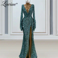 Long Sleeves Dubai V Neck Evening Dresses 2021 Mermaid Beaded Saudi Arabia Evening Wear Middle East Women Party Gowns Prom Gowns