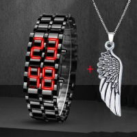 Men's Watch Set 1pc Fashion Black Full Metal Digital Blue LED Display Men's Watch &amp;1pc Necklace, Ideal choice for Gifts