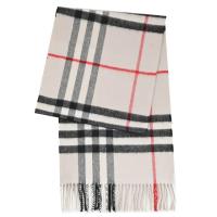 【BURBERRY 巴寶莉】英系經典格紋100%喀什米爾羊毛披肩長圍巾(淺灰)