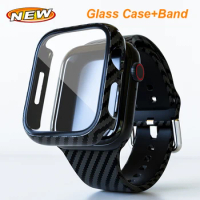 Glass Case+Carbon Fiber Pattern Strap For Apple Watch Ultra 2 49mm 45mm 42 38mm 40mm 41mm Bracelet Correa For iWatch 7 8 9 SE 6