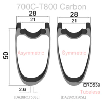 700C Ultralight Asymmetric/Symmetric 28mm Width 50mm Depth Road Bicycle Rim Tubeless UD Matte/Glossy Carbon Road rims