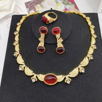 2023 Women Galaxy Brilliant plated 18K gold pomegranate red zircon earrings Ring Necklace