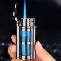 New Windproof Butane Lighter W Transparent Visible Fuel Bin, Ideal As A Gift for Men and Suitable for Lighting Cigarettes Cigars