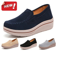 Ready stock fashion women slip on suede leather loafers Korean height increasing platform shoes plus