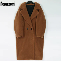 Nerazzurri Winter Long Oversized Teddy Coat Women Lapel Brown Thick Warm Sheep Wool Teddy Bear Jacket Women Plus Size Fashion