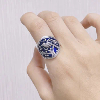 BOCAI New 100% S925 Sterling Silver Woman Burnt Blue Scent of Birds and Flowers Retro Ethnic Style Epoxy Craftsmanship