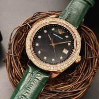 【EMPORIO ARMANI】ARMANI阿曼尼女錶型號AR00027(墨綠色錶面玫瑰金錶殼綠色真皮皮革錶帶款)