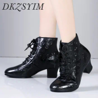 DKZSYIM Woman Ankle Boots Latin Dance Shoes White Black Rubber sole Dance Boots Salsa Tango Dancing Shoes Girls short Boots