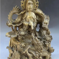10"Chinese Bronze Stand Lotus Dragon Kwan-yin Guanyin Goddess Buddha Vase Statue