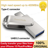 SanDisk Flash Drive OTG Dual Pendrive Up to 400MB/s Transfer speed Type-C and USB-A U Disk for iPhone 15 Plus/Pro/Max Pen Drive