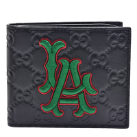 GUCCI MLB LA LOS ANGELES聯名款GG壓印牛皮摺疊短夾(黑色)