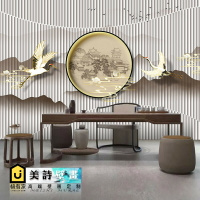 意境中式水墨畫墻布茶室仙鶴山水壁畫客廳沙發墻紙電視背景墻壁紙