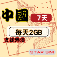 【星光卡 STAR SIM】中港澳上網卡7天每天2GB高速流量吃到飽(旅遊上網卡 中國 網卡 香港 澳門網路)