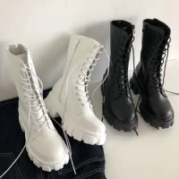 2023 New Mid Calf Boots Women Winter Fashion Lace-up Ladies Chelsea Zipper Botas Mujer Boots Sports Platform Heel Ladies Shoes