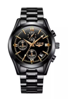 LIGE LIGE計時儀中性IP黑色不銹鋼Quartz手錶，黑色錶盤在IP黑色鋼手鐲上