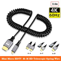 Mini/Micro HDMI Compatible Male To Male 2.0 Version 4K@60Hz HD Telescopic Spring Wire Elbow Mini Mouth SLR Camera Monitor 2.4m
