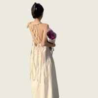 【AS 梨卡】削肩美背洋裝 海邊綁帶長裙 長裙洋裝 夏天掛脖連身裙 C6510