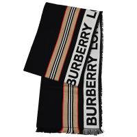BURBERRY 英字LOGO圖樣條紋棉質長圍巾/披肩(黑)
