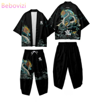 Harajuku Samurai Kimono Pants Sets Two-piece Suit Japanese Dragon Print Cardigan Women Men Cosplay Yukata Clothing