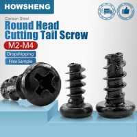 HOWSHENG 40-200pcs Cross Round Head Cutting Tail Self Tapping Screw M2 M2.3 M2.6 M3 M3.5 M4 M5 Carbon Steel Phillips Screws