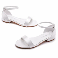 2cm square heel sandals with a shallow notch and buckle strap, ivory white silk satin fabric, bride's white sandals