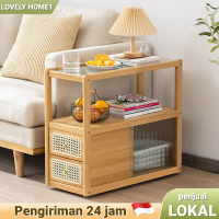 LOVE Meja Kopi Kecil Bergerak Bambu Sederhana Meja Samping Tempat Tidur Laci Multifungsi Meja Sampin