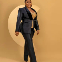 Plus Size Black Satin Women Suit Set 2 Pieces Boutique Custom Made Blazer+Pant Designer Formal Office Prom Dress Outfits Jacket