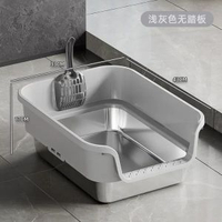不鏽鋼貓砂盆加高圍欄頂入式貓廁所不鏽鋼貓沙盆寵物清潔用品
