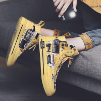 秋季新款韓版潮流男鞋白黃色高幫板鞋薄款青少年學生帆布潮鞋