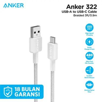 Kabel Charger Anker USB-A to USB-C 3ft - A81H5 Hitam - 180 CM