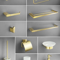 Brushed Gold Soap Dispenser Paper Holder Towel Rack Bathrobe Hook Towel Bar Cup Holder Stainless Steel Bathroom Hardware Set