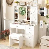 Sokiche Glass Top Vanity with Sliding Mirror and Lights, Makeup Vanity Table with Jewelry Cabinet, 7Shelves, 5Drawers，3 Cubbies