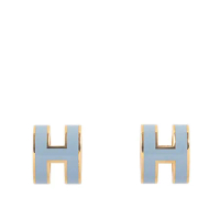 【HERMES】Mini Pop H立體簍空橢圓LOGO耳環(亞麻藍/金色)