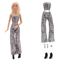 NK Official 1 Set silvery performance dress for doll party: top+pants+earrings+bracelets+high heels For Barbie Doll Clothes toy