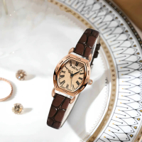 Jam Tangan Wanita Strap Kulit Croco Kecil Warna Coklat Tua Gold Klasik Mode Display Kuarsa Santai Ja