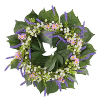 Artificial Lavender Wreath Green Leaves Lavender Wreath Front Door Wreath Simulation Lavender Garland Wall Hanging Decoration