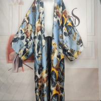 African Clothes For Women Elegant Designer Butterfly Printed Silk Long Batwing Sleeve Kimonos Oversize Sexy Lady Swimwear Kaftan