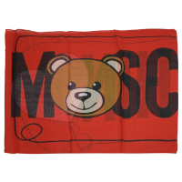 MOSCHINO 經典泰迪熊LOGO撞色絲質圍巾(紅 45*140)