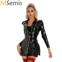 Sexy Womens Latex Club Dress Long Sleeve Button Up High Split Mini Bodycon Dress Patent Leather Glossy Mini Bodycon Dress