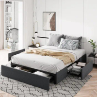 Full Size Platform Bed Frame with 3 Storage Drawers, Fabric Upholstered, Wooden Slats Support, No Box Spring Needed, Bed Bases