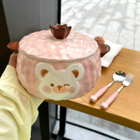 泡麵碗/雙耳帶蓋 韓式雙耳陶瓷熊熊泡面碗可愛帶蓋創意少女心學生宿舍家用大號湯碗『XY35612』