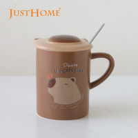 【Just Home】水豚君陶瓷馬克杯360ml-附杯蓋及湯匙-蝴蝶(杯子 陶瓷杯 馬克杯)
