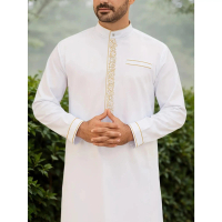 ผู้ชาย Kaftan อิสลามลายนูน สไตล์ใหม่ เสื้อคลุมมุสลิมแบบดั้งเดิม ปักคอสีทอง เหมาะสำหรับงานแต่งงาน งาน