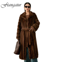 Ftangaiur Winter Coat For Women Import Swan Velvet Mink Fur Coat Women's Mandarin Collar With Fur Hood X-Long Real Mink Fur Coat