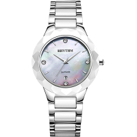 RHYTHM日本麗聲 簡約晶鑽陶瓷女錶-珍珠貝x銀/38mm F1205T01