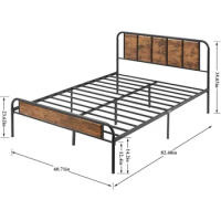 Queen Bed Frame Metal Platform with Wooden Headboard &amp; Footboard Mattress Foundation Strong Metal Slats Support No Box Spring